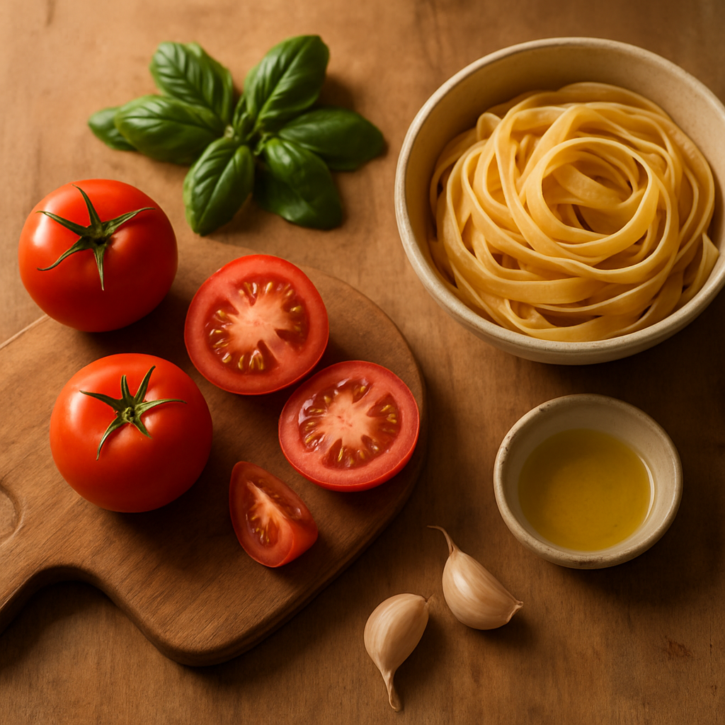Fresh ingredients being prepared on a rustic kitchen table